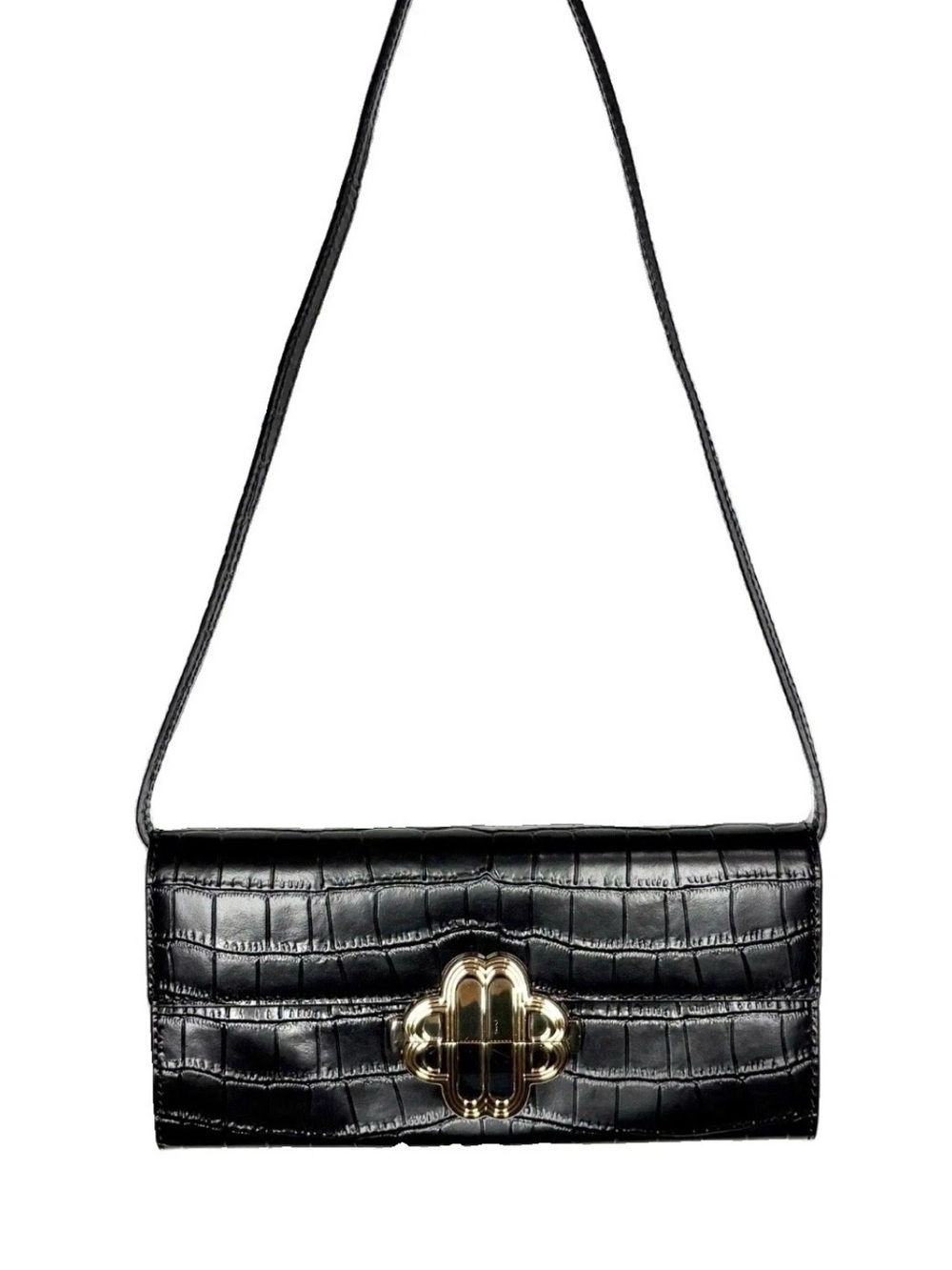 Maje Crocodile-Embossed Leather Bag Clutch Black Gold Clover Clasp Baguette